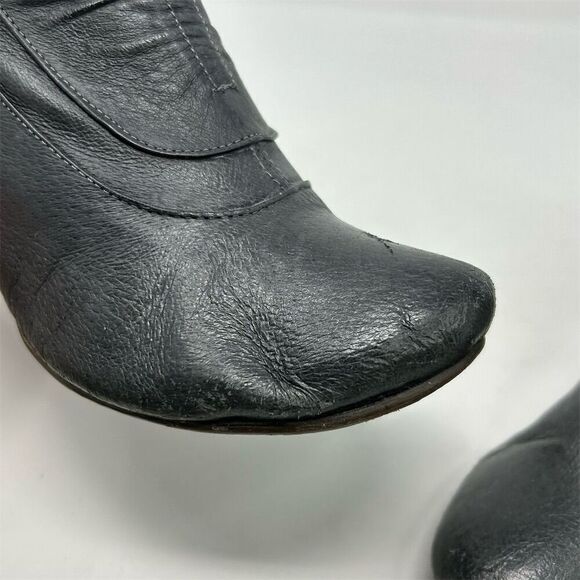 Women's Blue Gray Leather Heeled Ankle Boots Size 38 Bow Detail Ruched - Picture 13 of 14